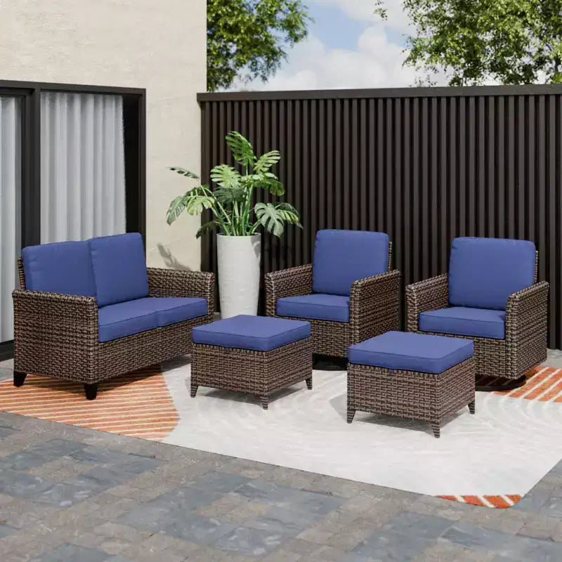 Conjunto de conversación de mimbre para patio de 5 piezas Ocean Vista de EAGLE PEAK, marrón jaspeado, sillas giratorias y sofá biplaza