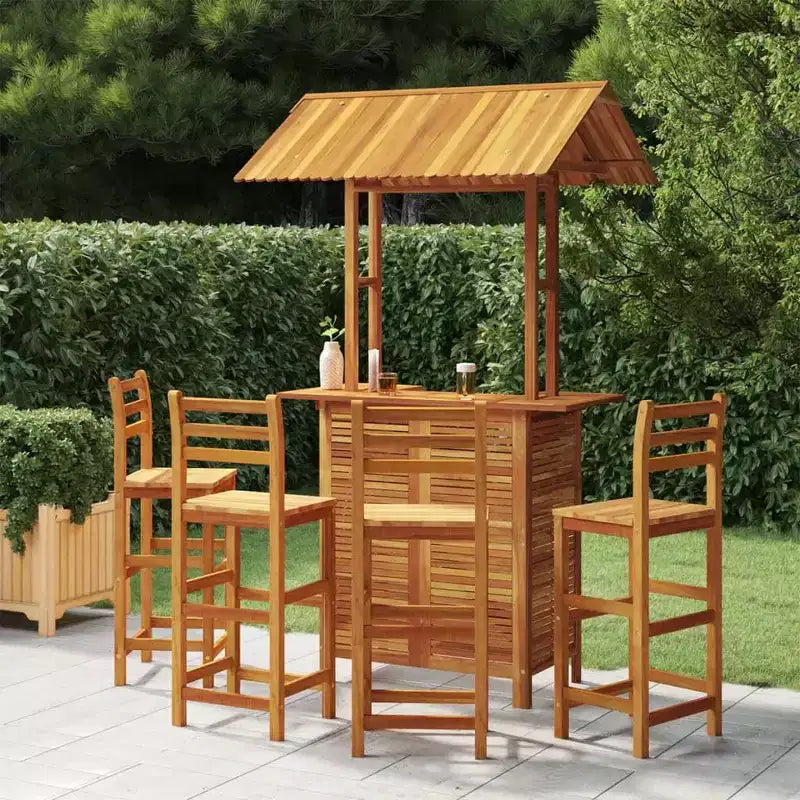 vidaXL conjunto de bar para patio de 5 piezas de madera de acacia, mesa alta de exterior con cubierta superior y 4 taburetes para jardín y terraza, acabado marrón