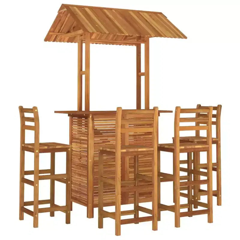vidaXL conjunto de bar para patio de 5 piezas de madera de acacia, mesa alta de exterior con cubierta superior y 4 taburetes para jardín y terraza, acabado marrón