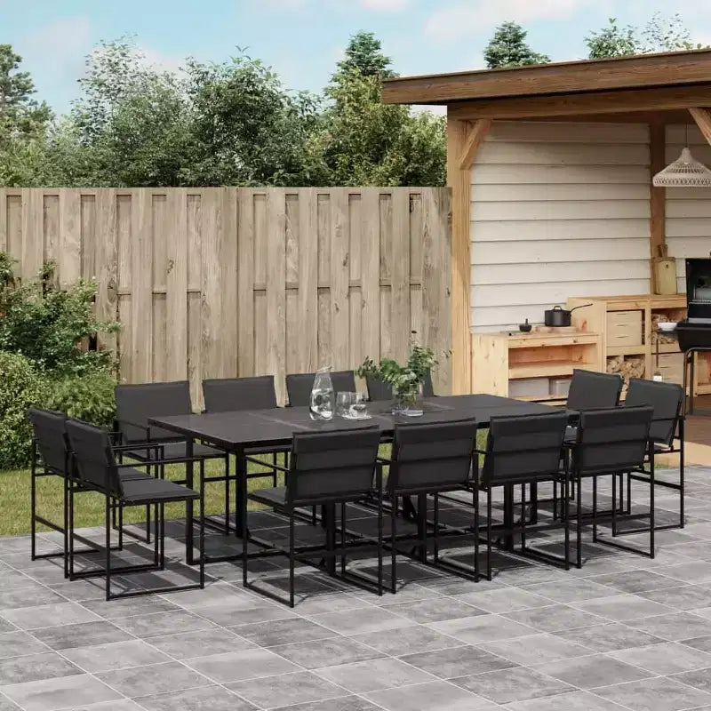 Conjunto de comedor para patio vidaXL con cojines, 13 piezas de textileno negro: diseño de sillas plegables que ahorra espacio, resistente a los rayos UV y mesa de vidrio templado