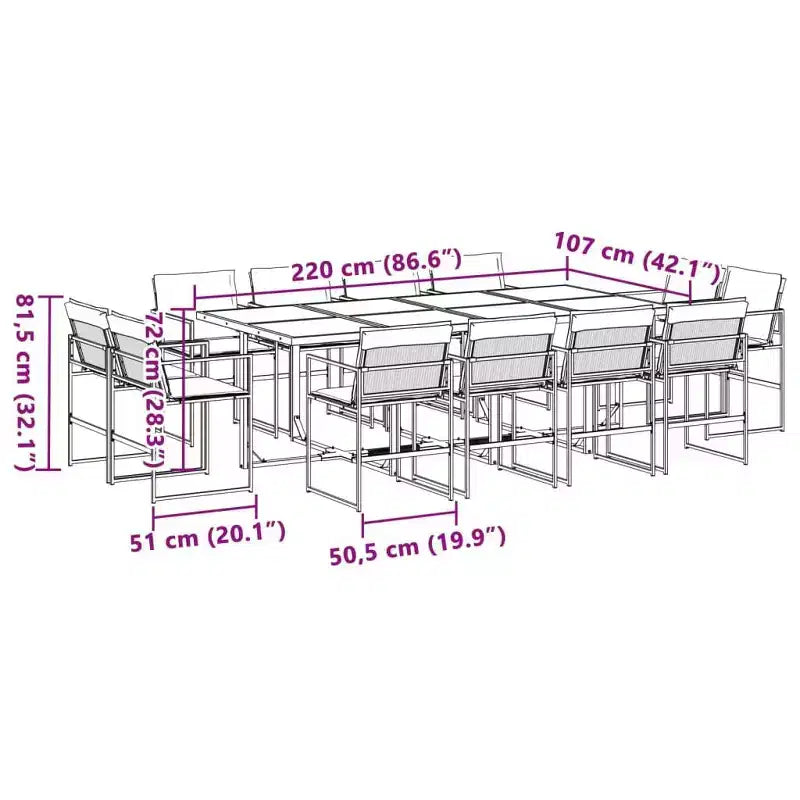 Conjunto de comedor para patio vidaXL con cojines, 13 piezas de textileno negro: diseño de sillas plegables que ahorra espacio, resistente a los rayos UV y mesa de vidrio templado