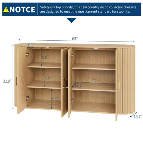 Aparador de 63 pulgadas, mueble estriado para recibidor y bar de café con 4 puertas, consola multimedia de madera, credenza decorativa para sala de estar y cocina