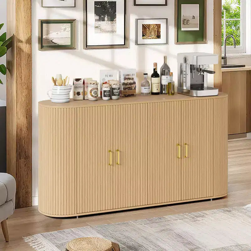 63 Sideboard Buffet Cabinet, Fluted Entryway Coffee Bar Cabinet with 4 Doors, Wooden Media Console Table, Accent Credenza for Living Room Kitchen