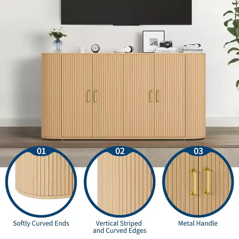 63 Sideboard Buffet Cabinet, Fluted Entryway Coffee Bar Cabinet with 4 Doors, Wooden Media Console Table, Accent Credenza for Living Room Kitchen