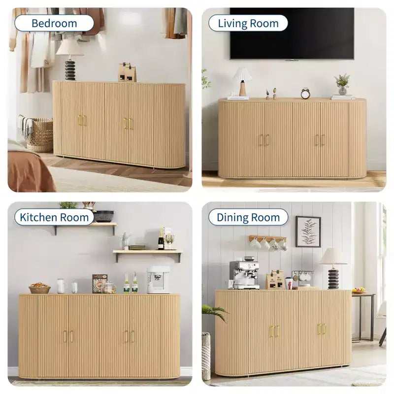 63 Sideboard Buffet Cabinet, Fluted Entryway Coffee Bar Cabinet with 4 Doors, Wooden Media Console Table, Accent Credenza for Living Room Kitchen