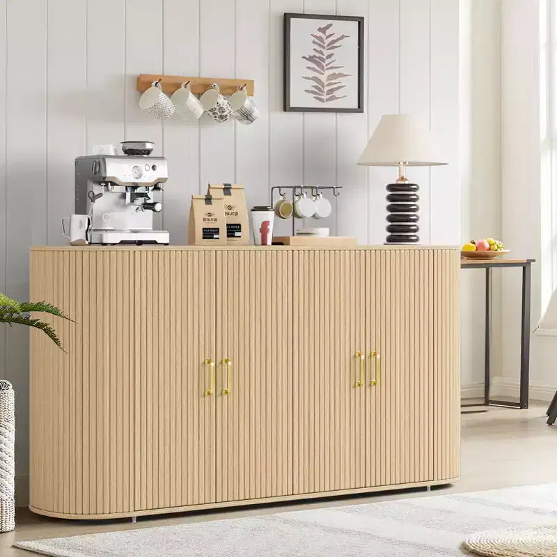 63 Sideboard Buffet Cabinet, Fluted Entryway Coffee Bar Cabinet with 4 Doors, Wooden Media Console Table, Accent Credenza for Living Room Kitchen