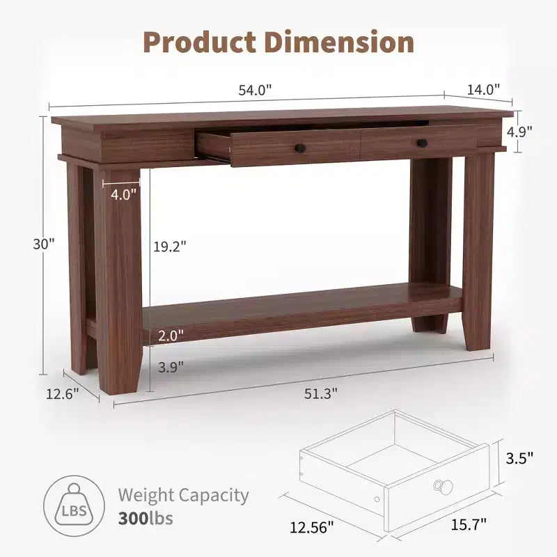 59-Inch Long Console Table, Wooden Entryway Table with 2 Drawers & Open Storage Shelf, Hallway, Living Room