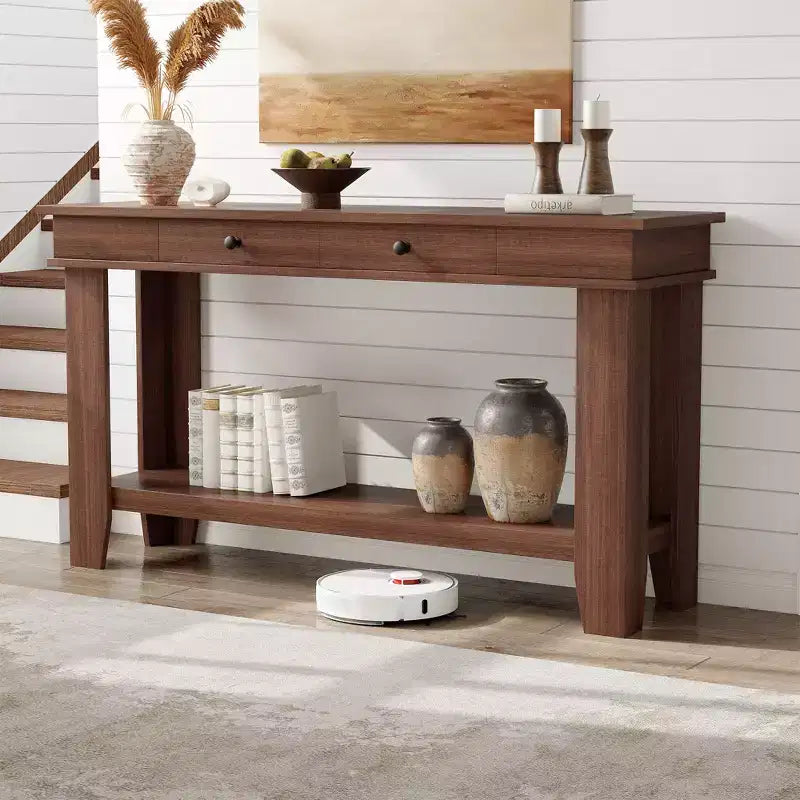59-Inch Long Console Table, Wooden Entryway Table with 2 Drawers & Open Storage Shelf, Hallway, Living Room