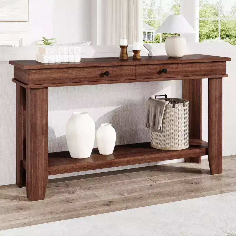 59-Inch Long Console Table, Wooden Entryway Table with 2 Drawers & Open Storage Shelf, Hallway, Living Room