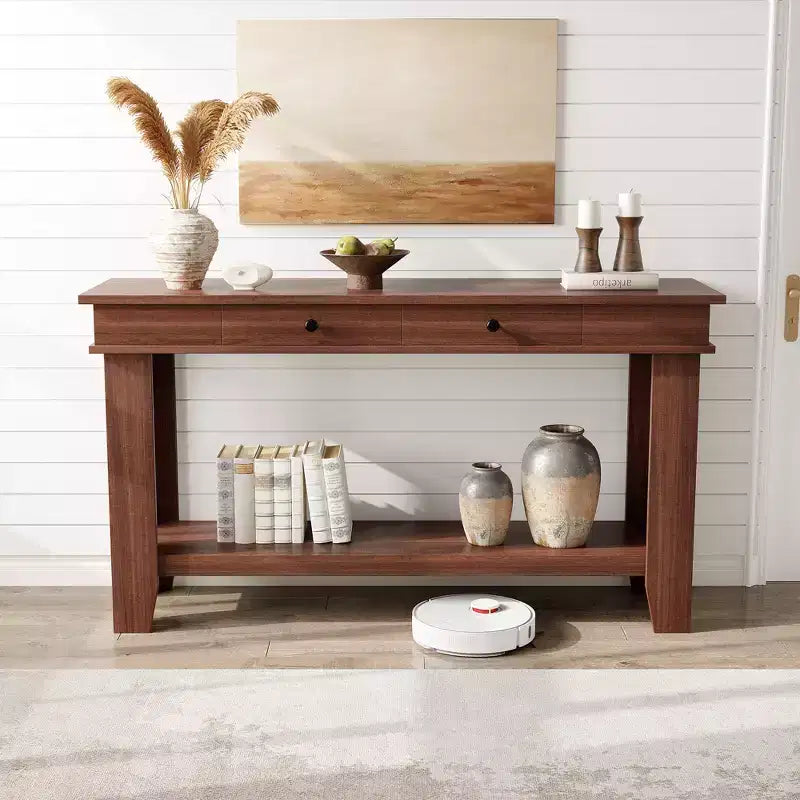 59-Inch Long Console Table, Wooden Entryway Table with 2 Drawers & Open Storage Shelf, Hallway, Living Room