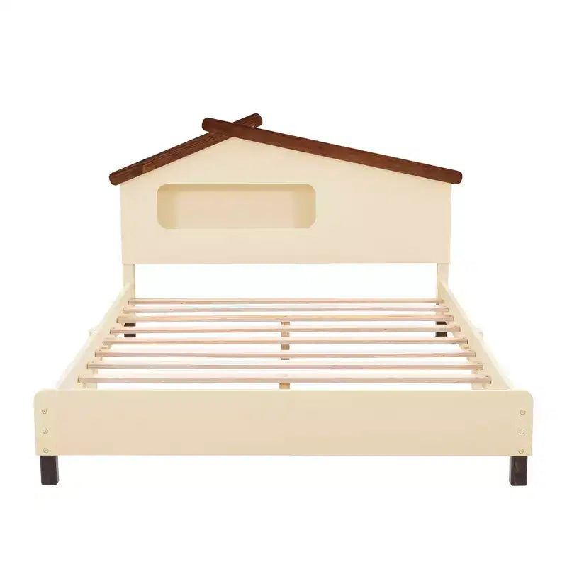 Full Size Bed Frame with House-Shaped Headboard, Wood Platform Bed Frame Full Size with LED, Wood Slat Support, No Box Spring Needed