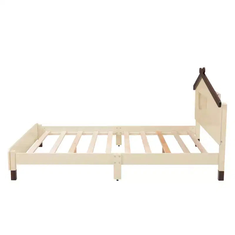 Full Size Bed Frame with House-Shaped Headboard, Wood Platform Bed Frame Full Size with LED, Wood Slat Support, No Box Spring Needed