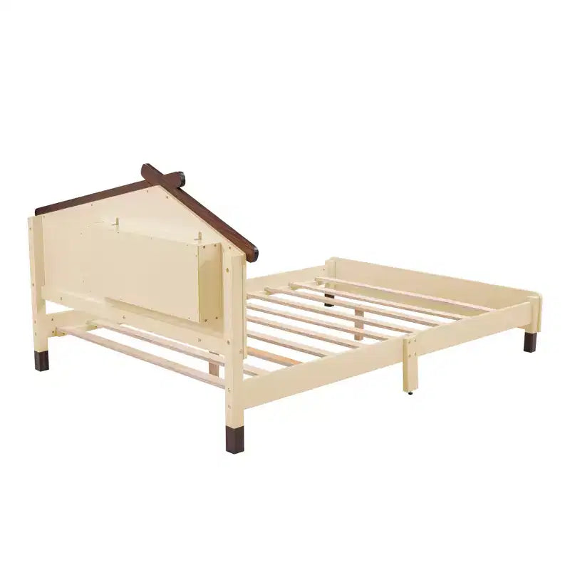 Full Size Bed Frame with House-Shaped Headboard, Wood Platform Bed Frame Full Size with LED, Wood Slat Support, No Box Spring Needed