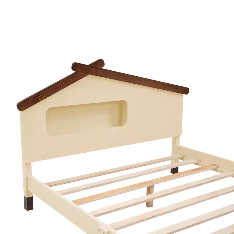 Full Size Bed Frame with House-Shaped Headboard, Wood Platform Bed Frame Full Size with LED, Wood Slat Support, No Box Spring Needed