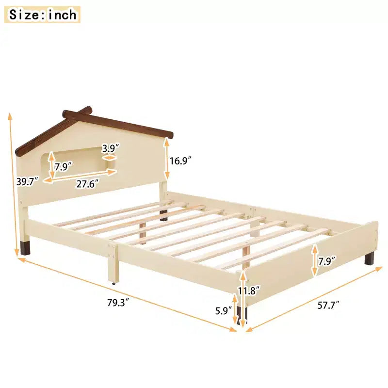 Full Size Bed Frame with House-Shaped Headboard, Wood Platform Bed Frame Full Size with LED, Wood Slat Support, No Box Spring Needed