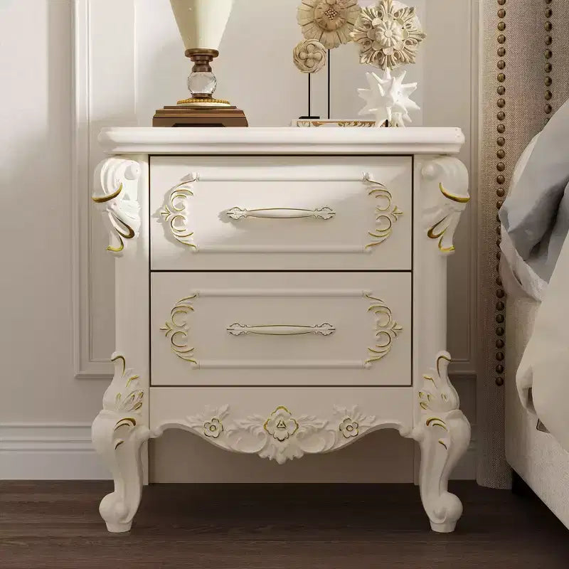 Famapy Vintage Luxury Nightstand with Gold - Accented Carvings,Double Drawers & Sturdy Build,55 LBS Top Capacity,A Stylish Gift for Bedroom Makeover