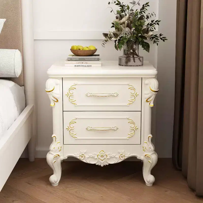 Comodino di Lusso Vintage con Intagli Dorati e Doppio Cassetto, Capacità Superiore di 55 LBS
