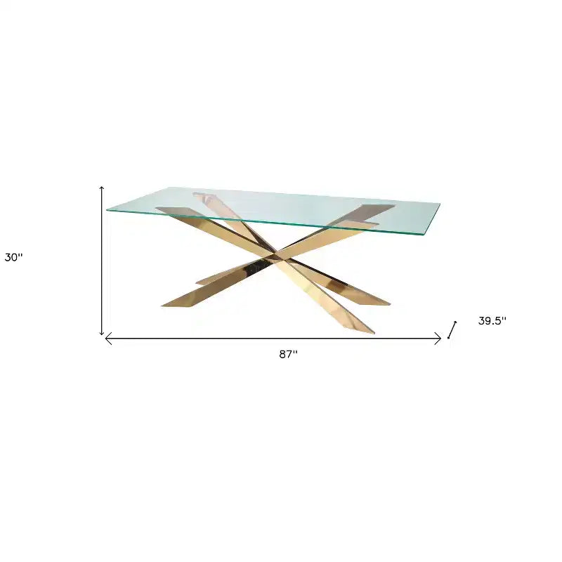 87" Clear and Gold Glass and Metal Cross Leg Dining Table