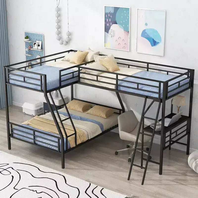 L-Shaped Matal Triple Bunk Bed Frame with Desk for 3 Kids, Twin over Full Bunk Bed with Twin Size Loft Bed Attached, Black