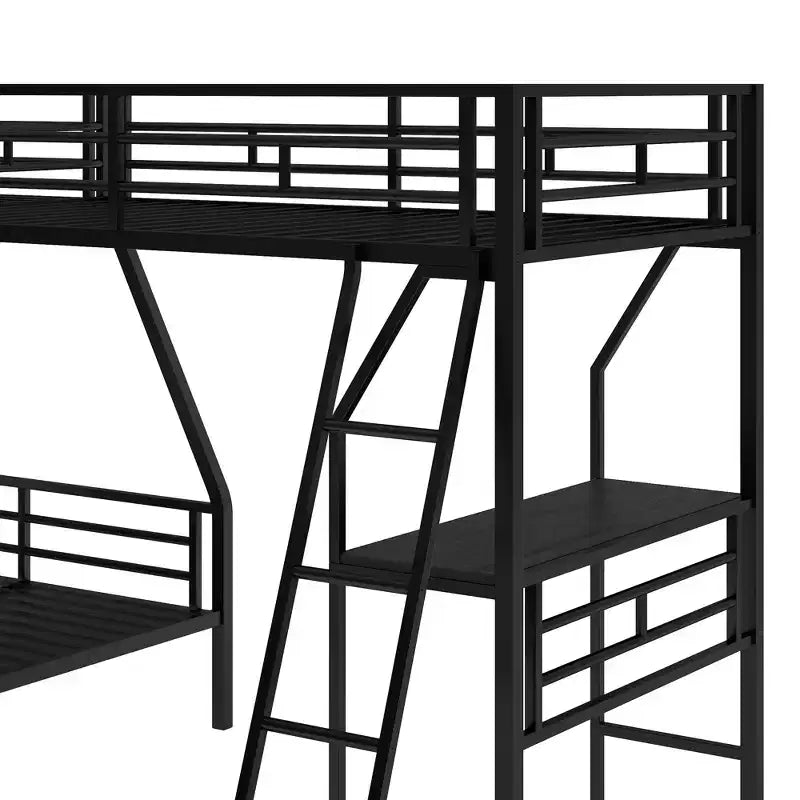 L-Shaped Metal Triple Bunk Bed with Desk for 3 Kids, Twin over Full, Black