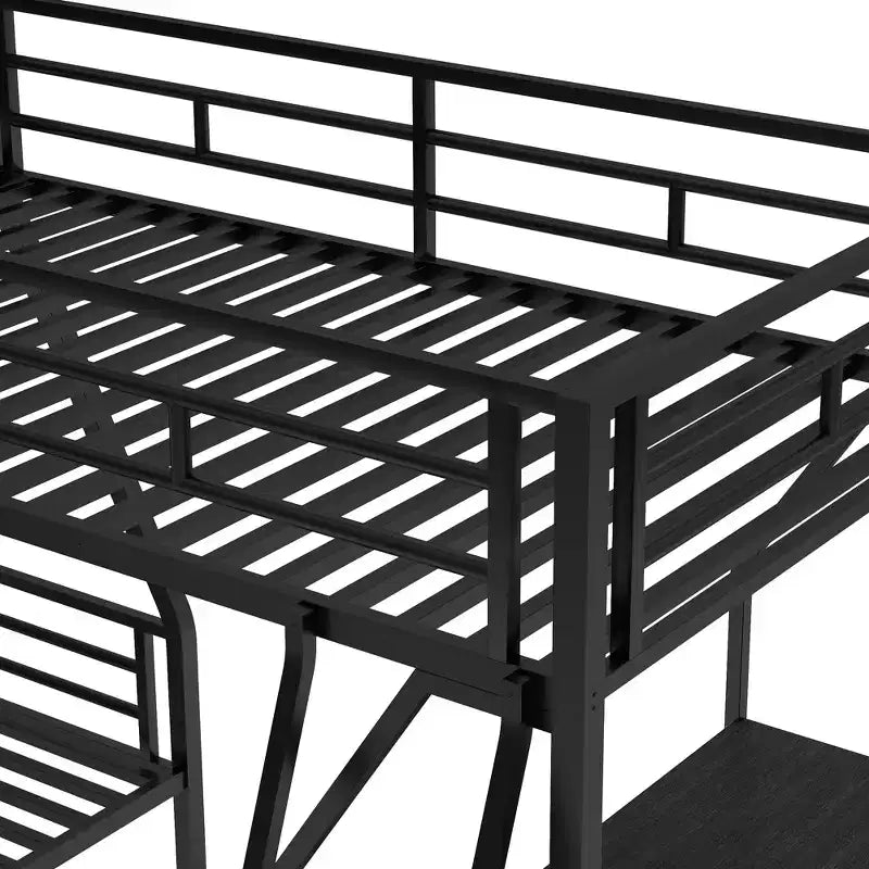L-Shaped Metal Triple Bunk Bed with Desk for 3 Kids, Twin over Full, Black