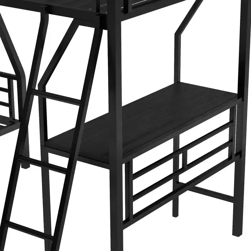 L-Shaped Metal Triple Bunk Bed with Desk for 3 Kids, Twin over Full, Black