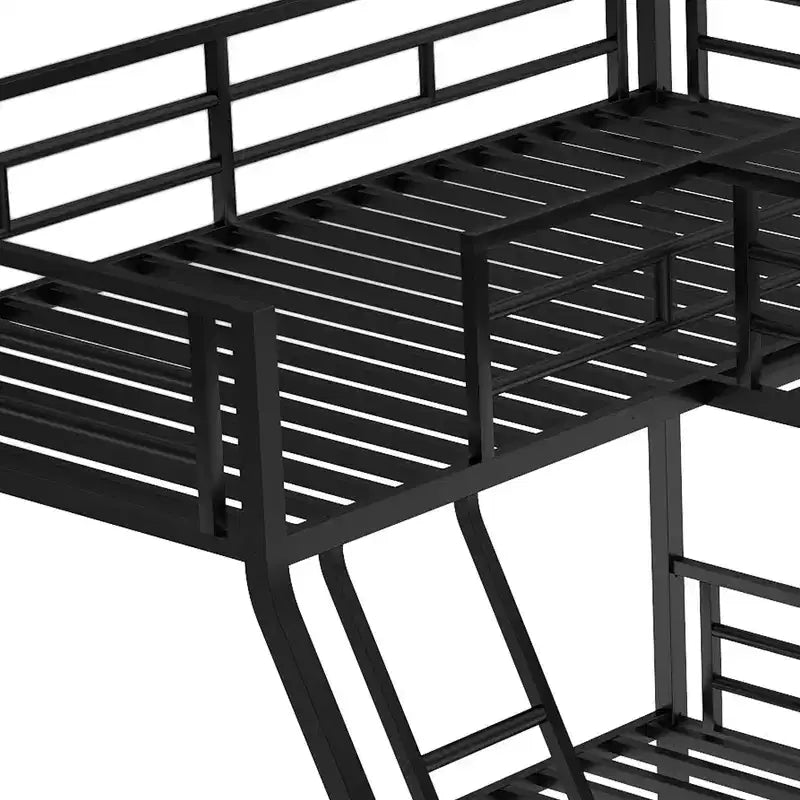 L-Shaped Metal Triple Bunk Bed with Desk for 3 Kids, Twin over Full, Black