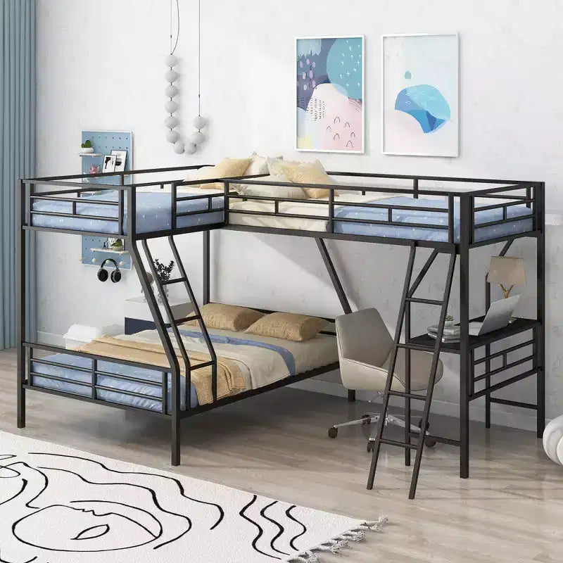 L-Shaped Metal Triple Bunk Bed with Desk for 3 Kids, Twin over Full, Black