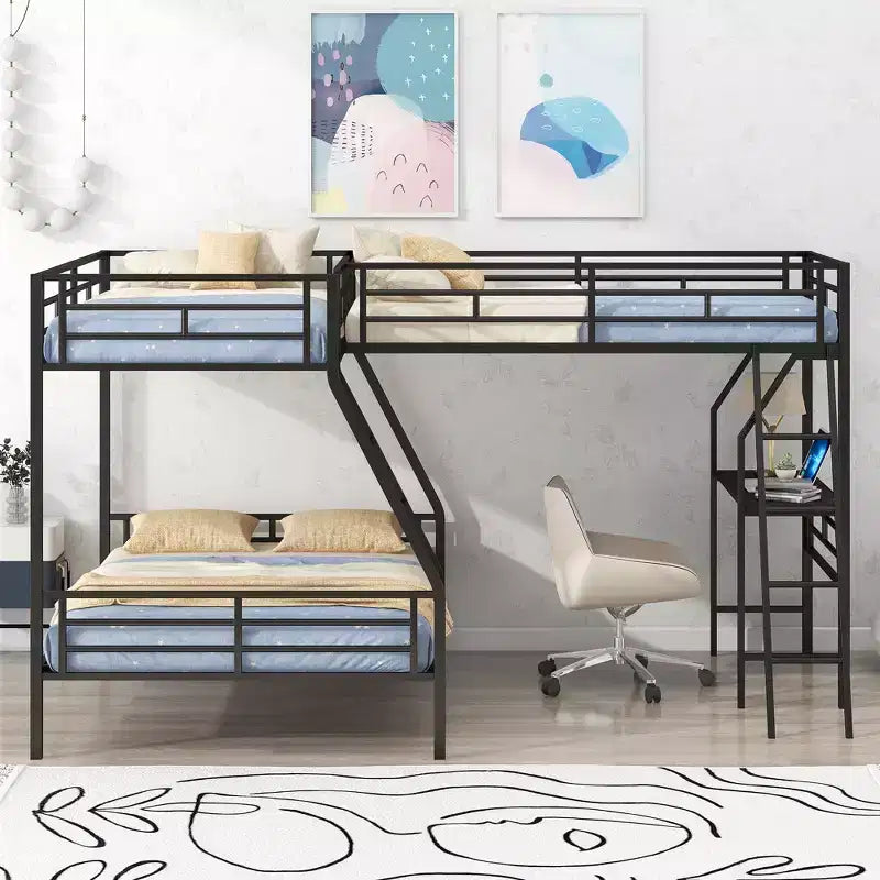 L-Shaped Metal Triple Bunk Bed with Desk for 3 Kids, Twin over Full, Black