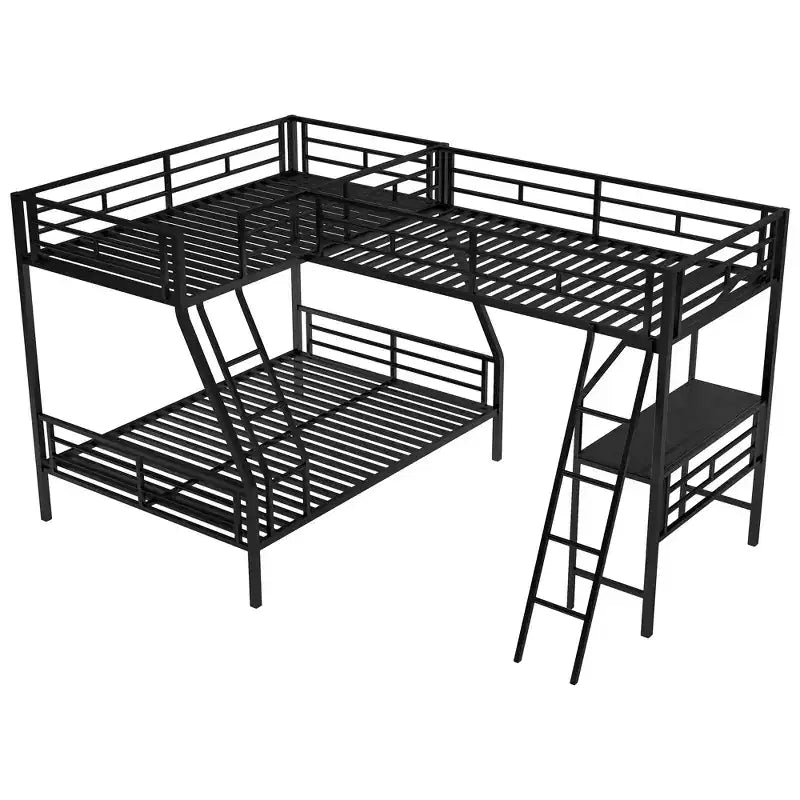 L-Shaped Metal Triple Bunk Bed with Desk for 3 Kids, Twin over Full, Black