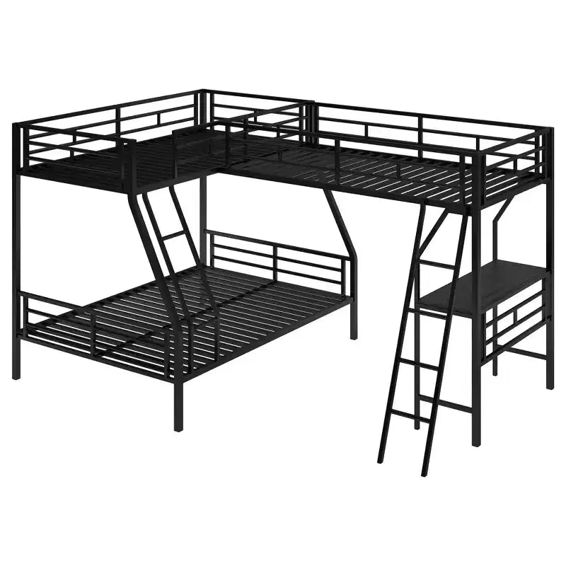 L-Shaped Metal Triple Bunk Bed with Desk for 3 Kids, Twin over Full, Black