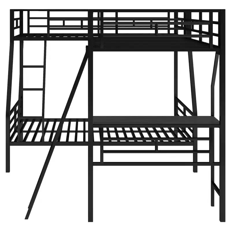 L-Shaped Metal Triple Bunk Bed with Desk for 3 Kids, Twin over Full, Black