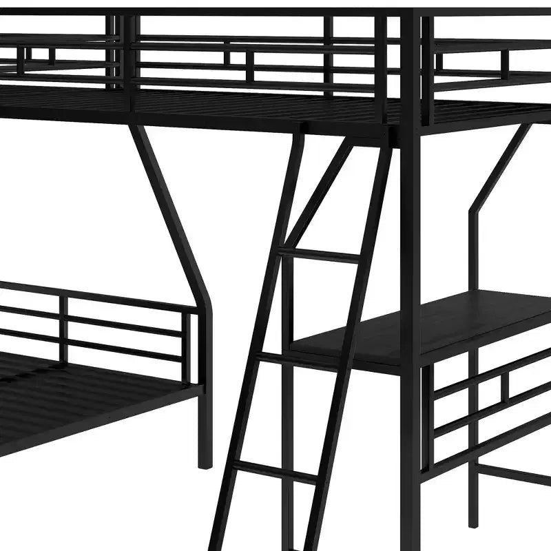 L-Shaped Metal Triple Bunk Bed with Desk for 3 Kids, Twin over Full, Black