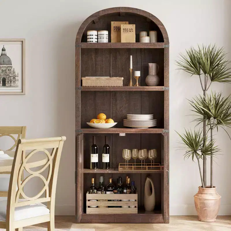 Bookcase with Doors Arched Bookshelf 71.65in Tall Bookcase Farmhouse Cabinet with Shelves Wooden Bookshelves for Home Office, Living Room