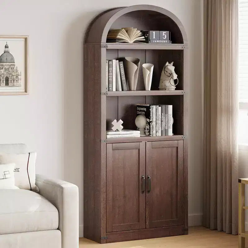 Bookcase with Doors Arched Bookshelf 71.65in Tall Bookcase Farmhouse Cabinet with Shelves Wooden Bookshelves for Home Office, Living Room