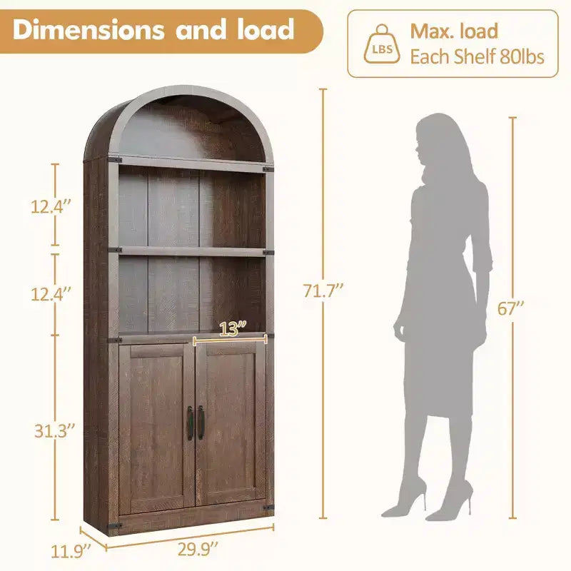 Bookcase with Doors Arched Bookshelf 71.65in Tall Bookcase Farmhouse Cabinet with Shelves Wooden Bookshelves for Home Office, Living Room