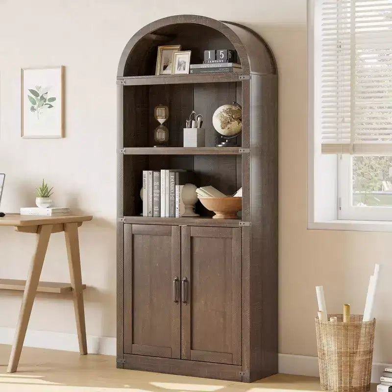 Bookcase with Doors Arched Bookshelf 71.65in Tall Bookcase Farmhouse Cabinet with Shelves Wooden Bookshelves for Home Office, Living Room