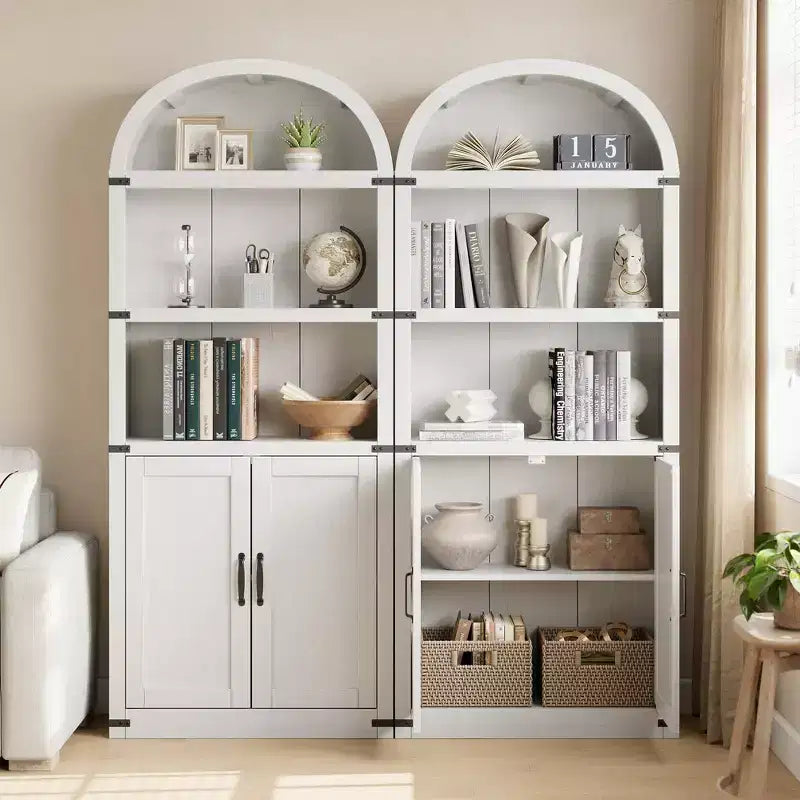 Bookcase with Doors Arched Bookshelf 71.65in Tall Bookcase Farmhouse Cabinet with Shelves Wooden Bookshelves for Home Office, Living Room
