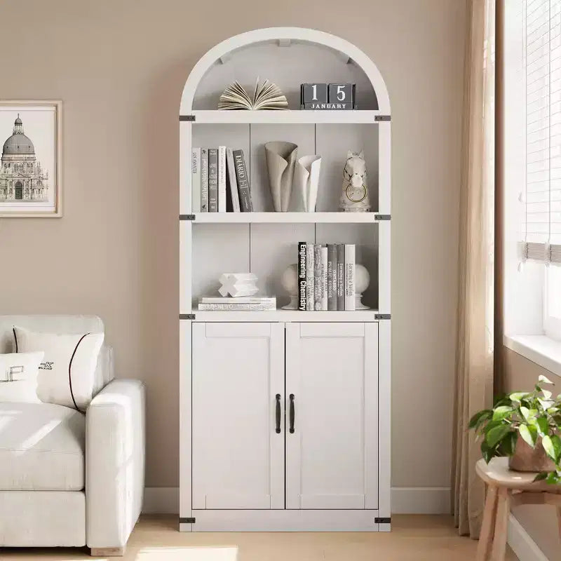 Bookcase with Doors Arched Bookshelf 71.65in Tall Bookcase Farmhouse Cabinet with Shelves Wooden Bookshelves for Home Office, Living Room