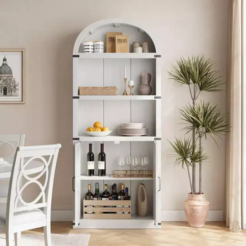 Bookcase with Doors Arched Bookshelf 71.65in Tall Bookcase Farmhouse Cabinet with Shelves Wooden Bookshelves for Home Office, Living Room
