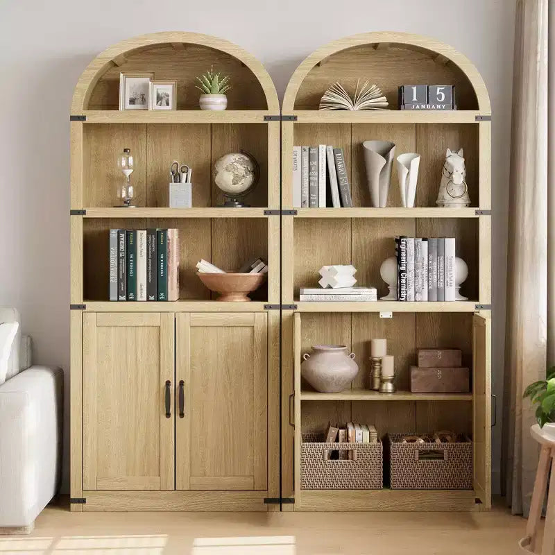 Bookcase with Doors Arched Bookshelf 71.65in Tall Bookcase Farmhouse Cabinet with Shelves Wooden Bookshelves for Home Office, Living Room