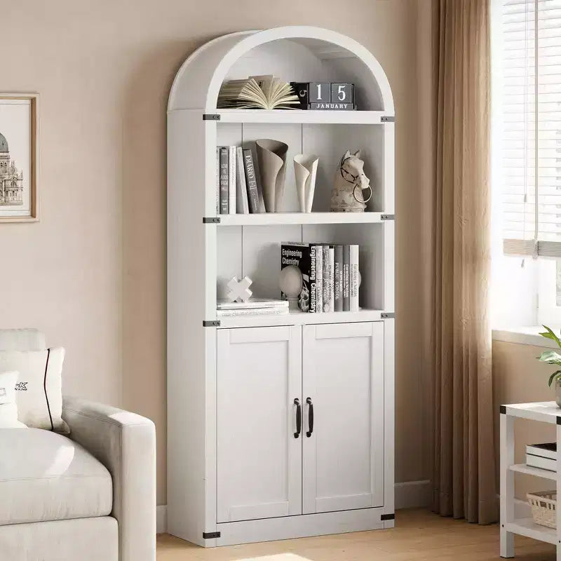 Bookcase with Doors Arched Bookshelf 71.65in Tall Bookcase Farmhouse Cabinet with Shelves Wooden Bookshelves for Home Office, Living Room