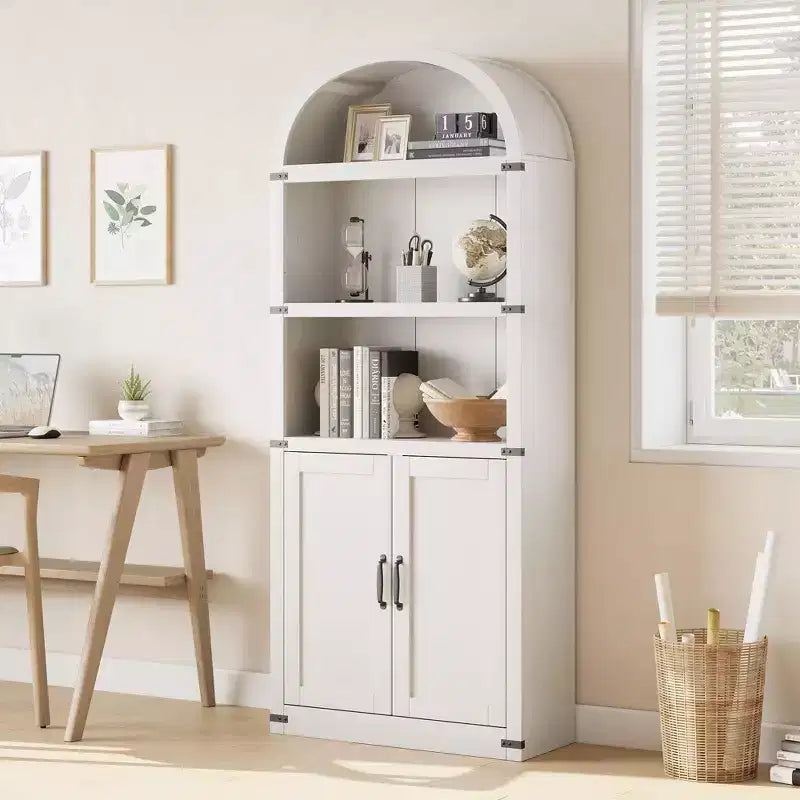 Bookcase with Doors Arched Bookshelf 71.65in Tall Bookcase Farmhouse Cabinet with Shelves Wooden Bookshelves for Home Office, Living Room