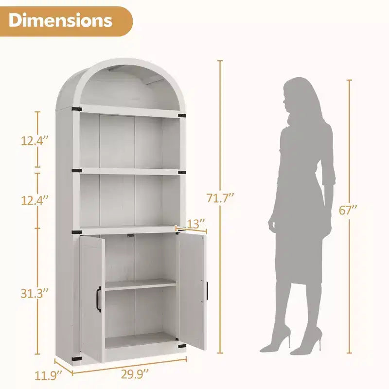 Bookcase with Doors Arched Bookshelf 71.65in Tall Bookcase Farmhouse Cabinet with Shelves Wooden Bookshelves for Home Office, Living Room