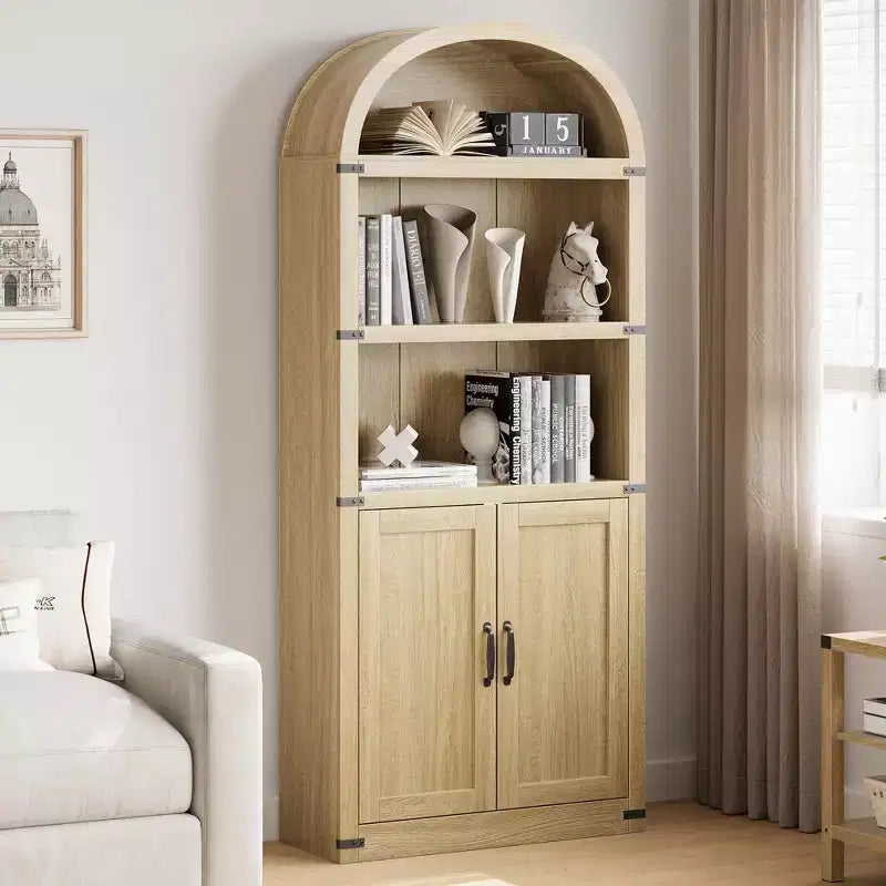 Bookcase with Doors Arched Bookshelf 71.65in Tall Bookcase Farmhouse Cabinet with Shelves Wooden Bookshelves for Home Office, Living Room