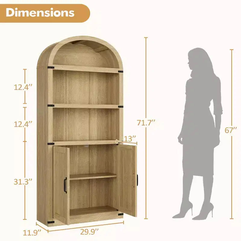 Bookcase with Doors Arched Bookshelf 71.65in Tall Bookcase Farmhouse Cabinet with Shelves Wooden Bookshelves for Home Office, Living Room