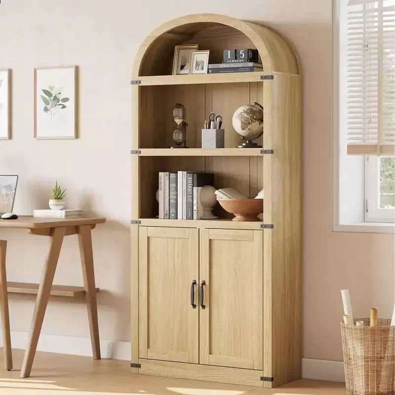 Bookcase with Doors Arched Bookshelf 71.65in Tall Bookcase Farmhouse Cabinet with Shelves Wooden Bookshelves for Home Office, Living Room