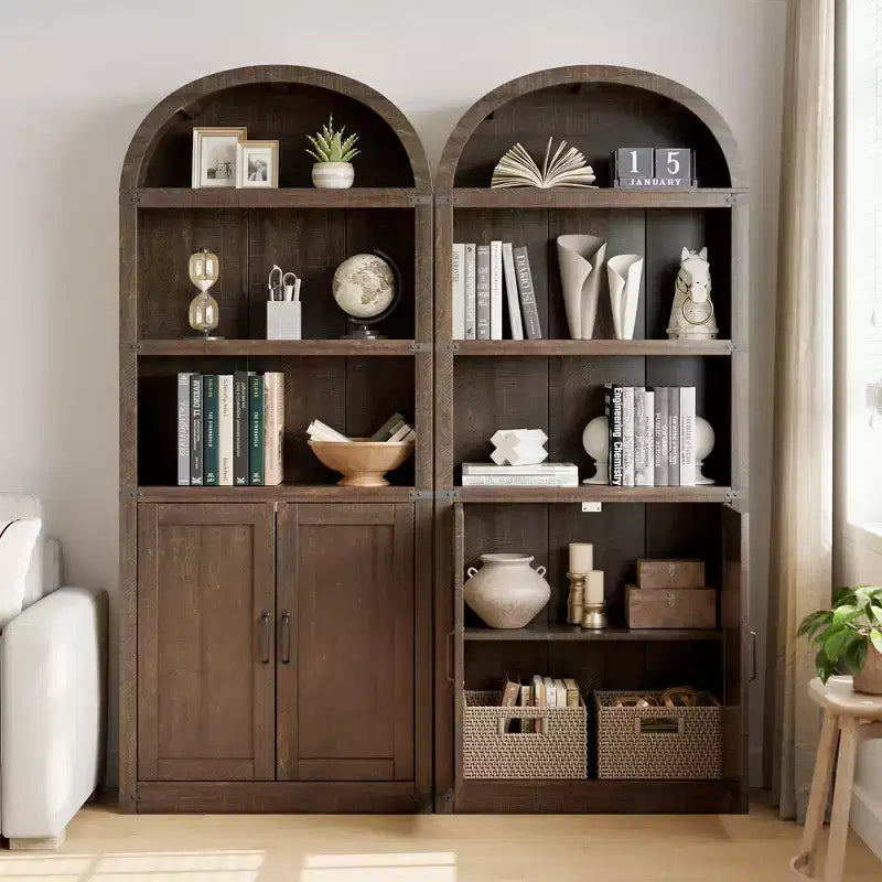 Bookcase with Doors Arched Bookshelf 71.65in Tall Bookcase Farmhouse Cabinet with Shelves Wooden Bookshelves for Home Office, Living Room