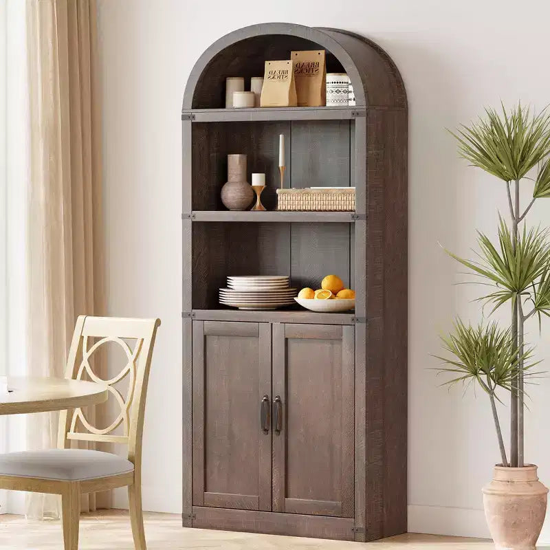 Bookcase with Doors Arched Bookshelf 71.65in Tall Bookcase Farmhouse Cabinet with Shelves Wooden Bookshelves for Home Office, Living Room