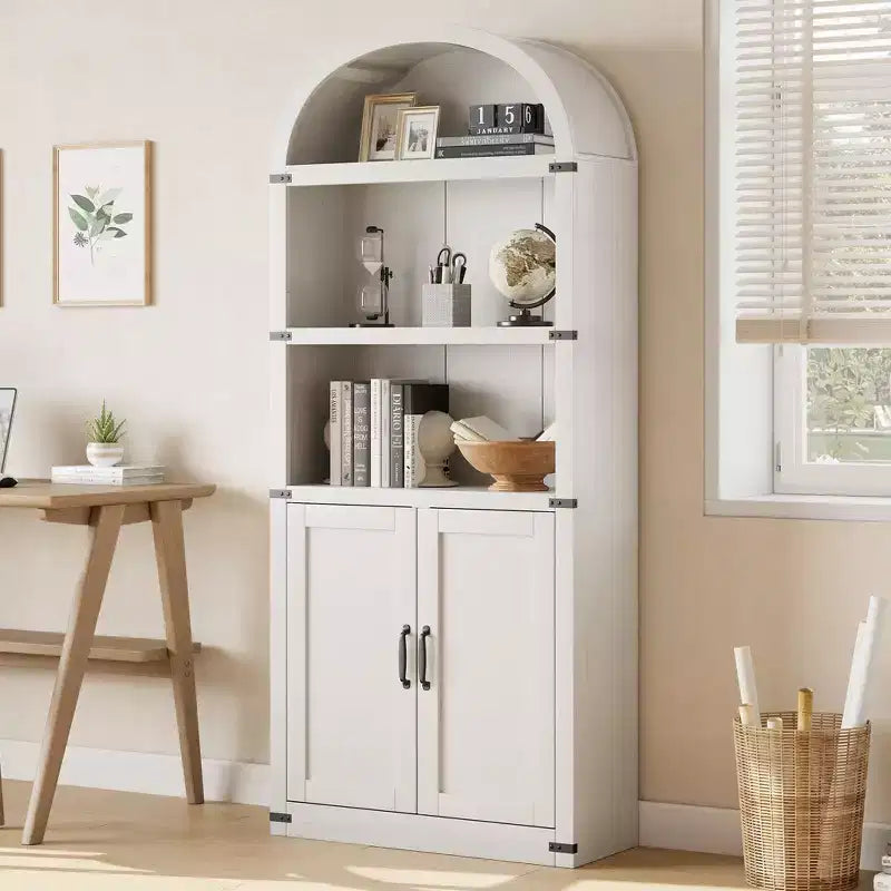 Bookcase with Doors Arched Bookshelf 71.65in Tall Bookcase Farmhouse Cabinet with Shelves Wooden Bookshelves for Home Office, Living Room